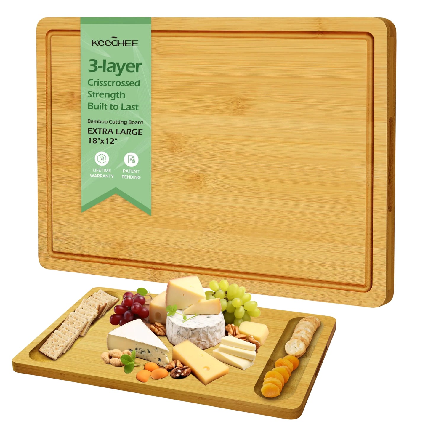 Keechee Extra Large Bamboo Cutting Board for Kitchen - 18 Inch Wood XL Cutting Boards with Juice Groove and Handles Wooden Chopping Board for Meat Cheese Fruit & Vegetables (Pre Oiled Natural)