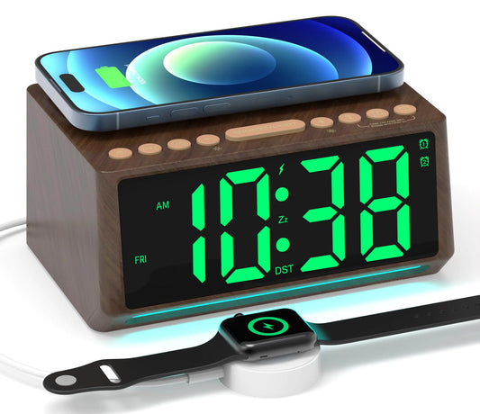 Retro Digital Alarm Clocks for Bedrooms with Large Numbers Desk Clock with Wireless Charging Station 7 Mood Lights Dimmer Snooze 12/24H Loud Alarm Clock for Heavy Sleepers Adults Vintage Décor