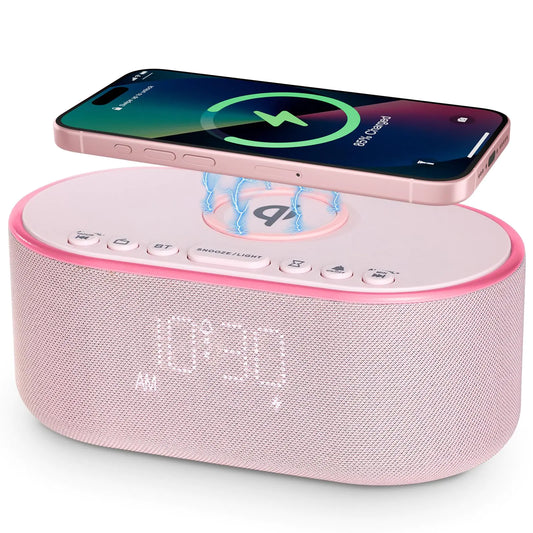 Odokee Wireless Charging Alarm Clock Radio: Qi Certified Fast Wireless Charger for iPhone Samsung - 10W Stereo Bluetooth Speaker - Dimmable Digital Clock with FM Radio for Bedroom Pink