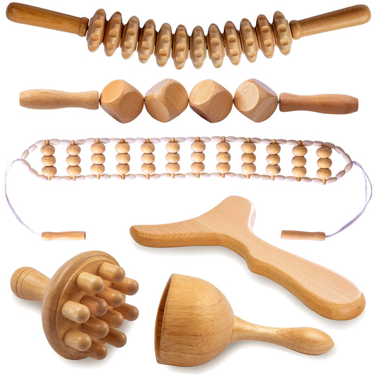 lianjindun 6 in 1 Wood Therapy Massage Tools Maderoterapia kit Wood Therapy Set Lymphatic Drainage Massager Wooden Gua Sha Tools Wooden Massager Roller Rope for Body Shaping Anti Cellulite