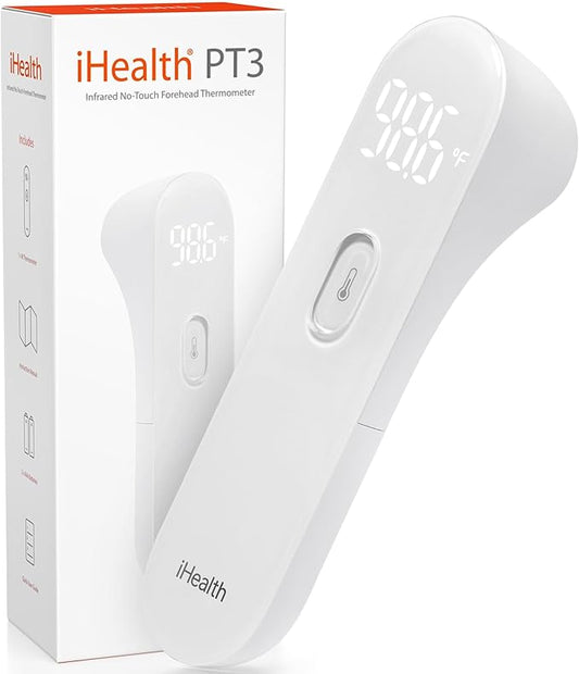 iHealth No-Touch Forehead Thermometer for Adults, Kids, Babies - FSA HSA Eligible, 3 Ultra-Sensitive Sensors, Quiet Vibration Feedback, Digital Large LED Digits, Easy to Use for Home & Nurses, PT3